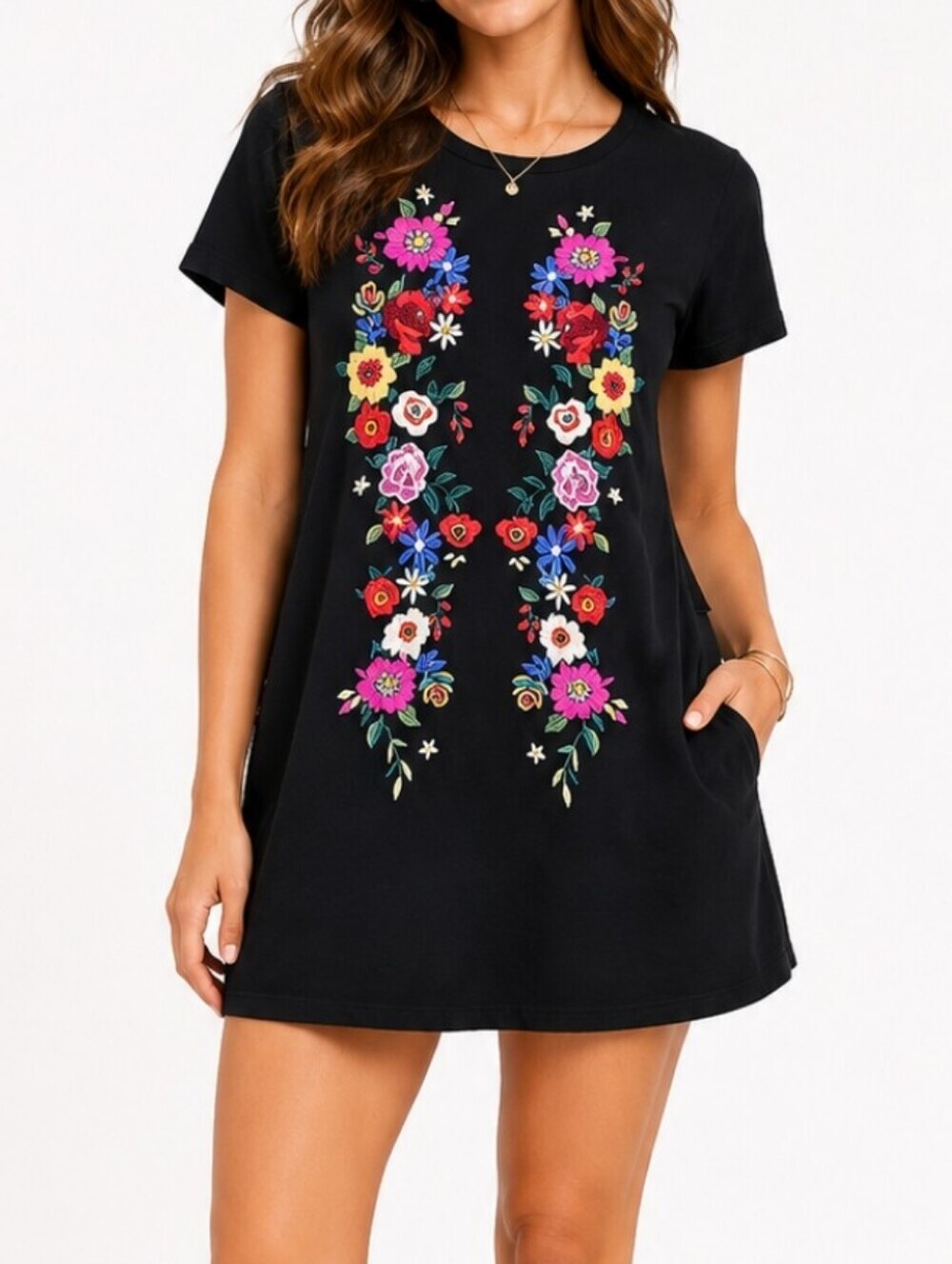 Umgee ~Woman Size S~ Black Embroidered Floral Short Sleeve Mini Dress Pockets.